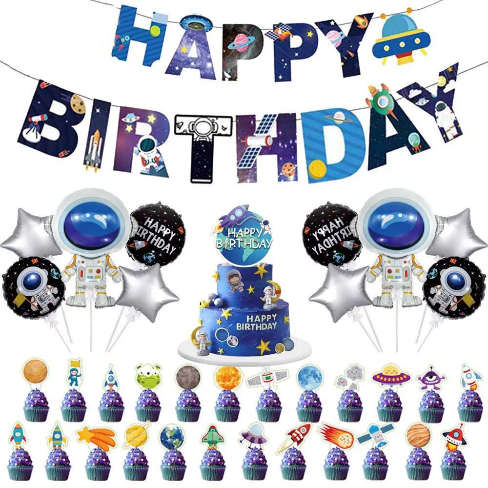 Neue Astronauten-Geburtstagsparty-Dekoration, schwarze Weltraum-Astronauten-Teller, Servietten, Becher, Tischdecke, Hintergrund, Party-Geschenke, Kindergeburtstag – Detail 3