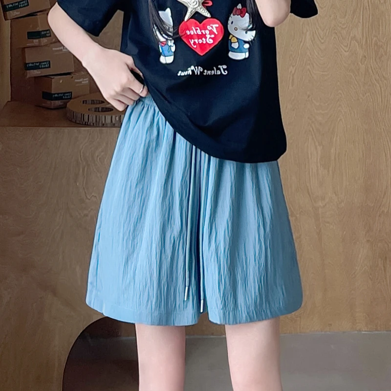 Knielange elastische Shorts mit hoher Taille und Innenfutter für Damen, koreanische Mode, weites Bein, Sport-Shorts, Sportbekleidung