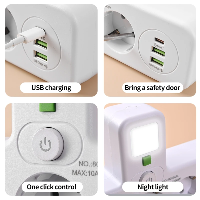 الاتحاد الأوروبي التوصيل قطاع الطاقة 4 منافذ التيار المتناوب 2 USB 1 منافذ Type-C مواصفات مفتاح مستقل مع ضوء ليلي صغير