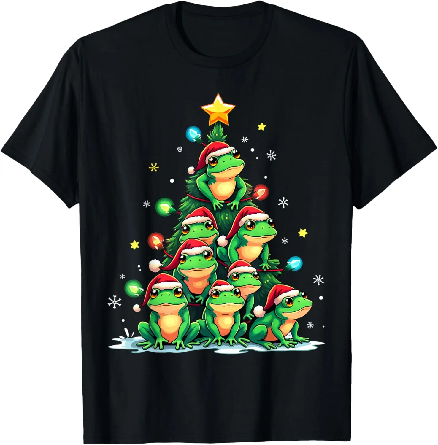Frog Christmas Tree Graphic T-Shirt Funny Holiday Hopper Cute Cotton Crew Neck Tee