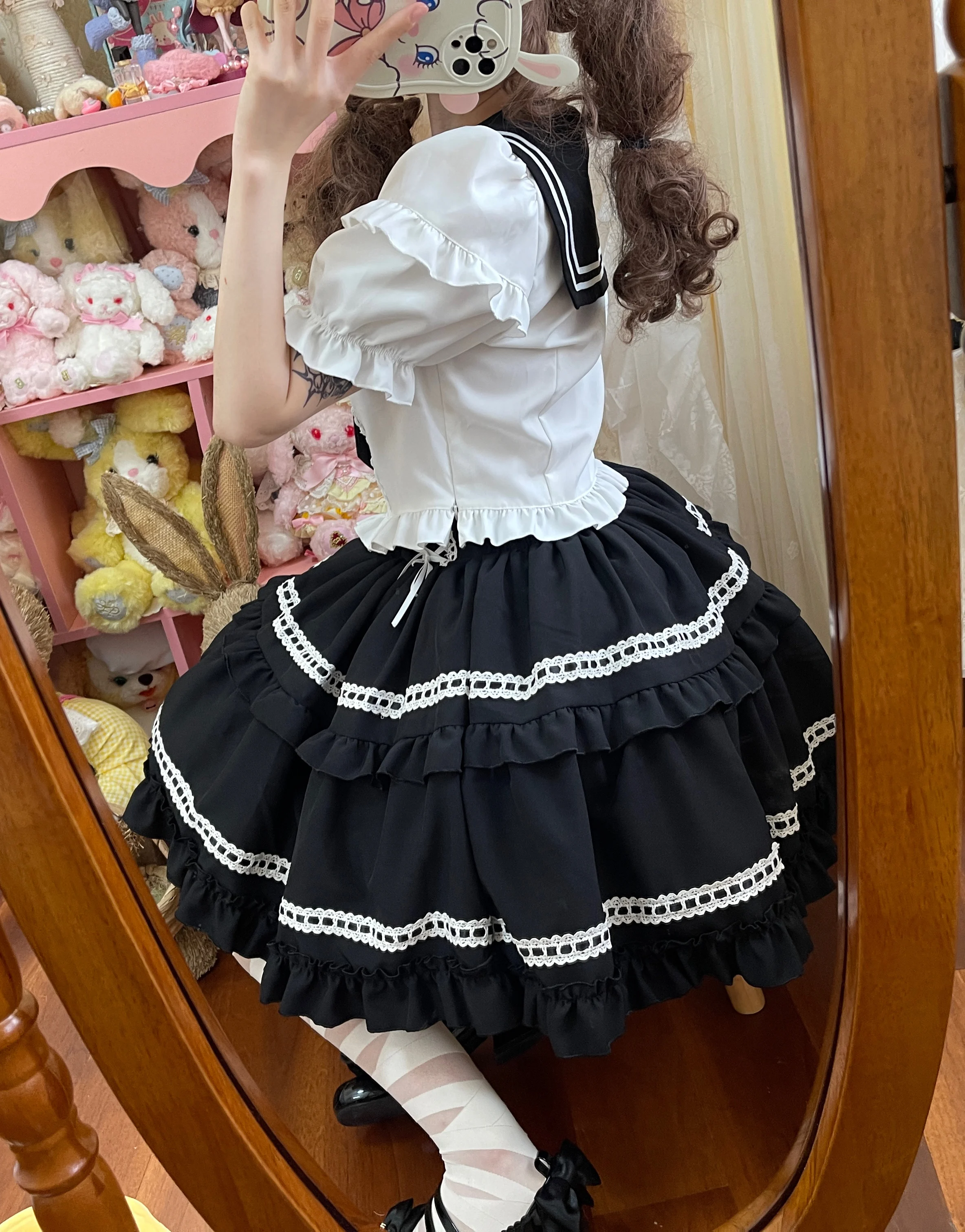 Kawaii Sweet Lolita Jurken Navy Kraag Ruches Vestido Mujer Strik Patchwork Prinses Party Femme Robe 3 Kleuren