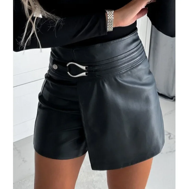 BWQ Black Pu Leather Shorts Skirts Women Buttons Asymmetrical New Short Leather Pants High Waist Pu Leather Buckled Mini Skirts