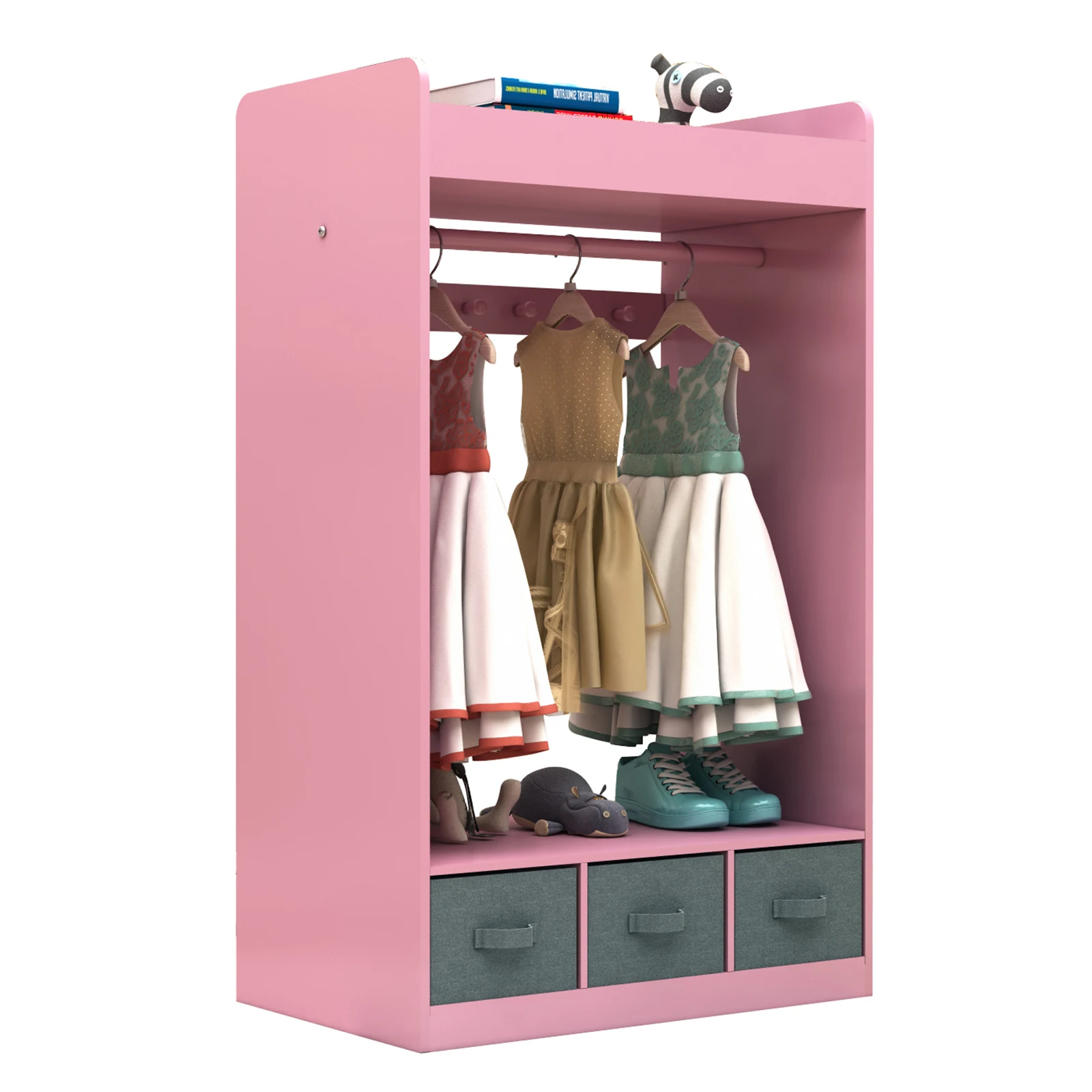 Organizer na kostiumy dla dzieci、 Stojak na kostiumy、Szafa dla dzieci、Open Hanging Armoire Szafa z lustrem-RÓŻOWY