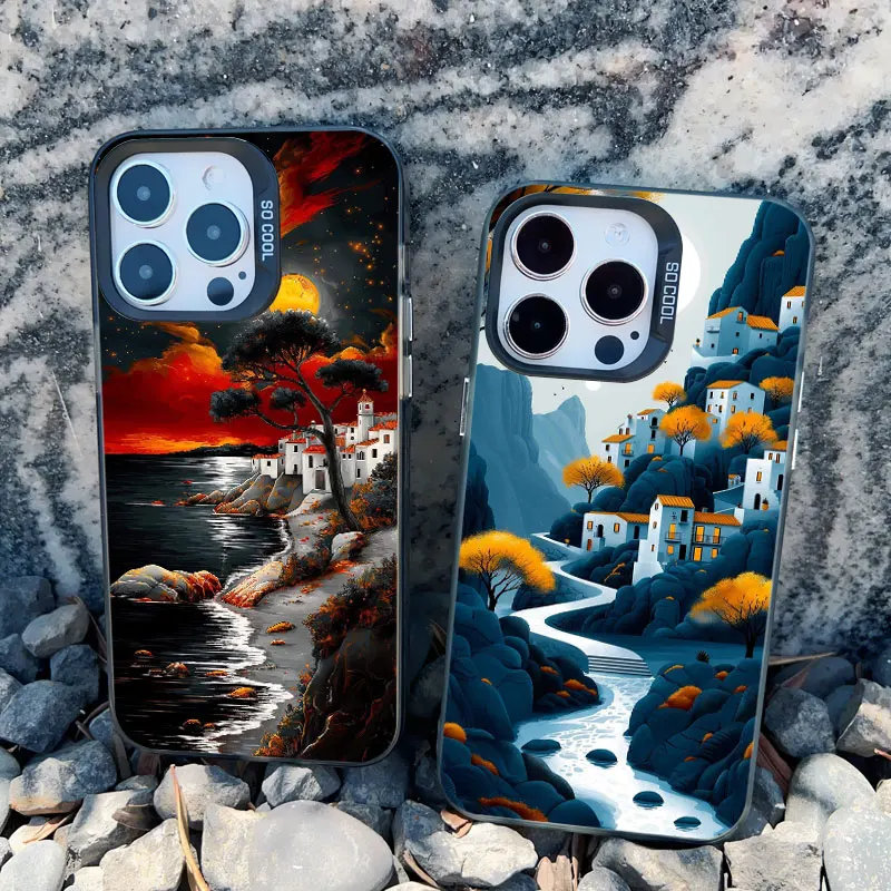 Luxury Sunset Island Scenery Phone Case for iphone 13 Mini 12 11 Pro Max 15 14 Pro Max Plus Landscape Matte Laser Covers Fundas