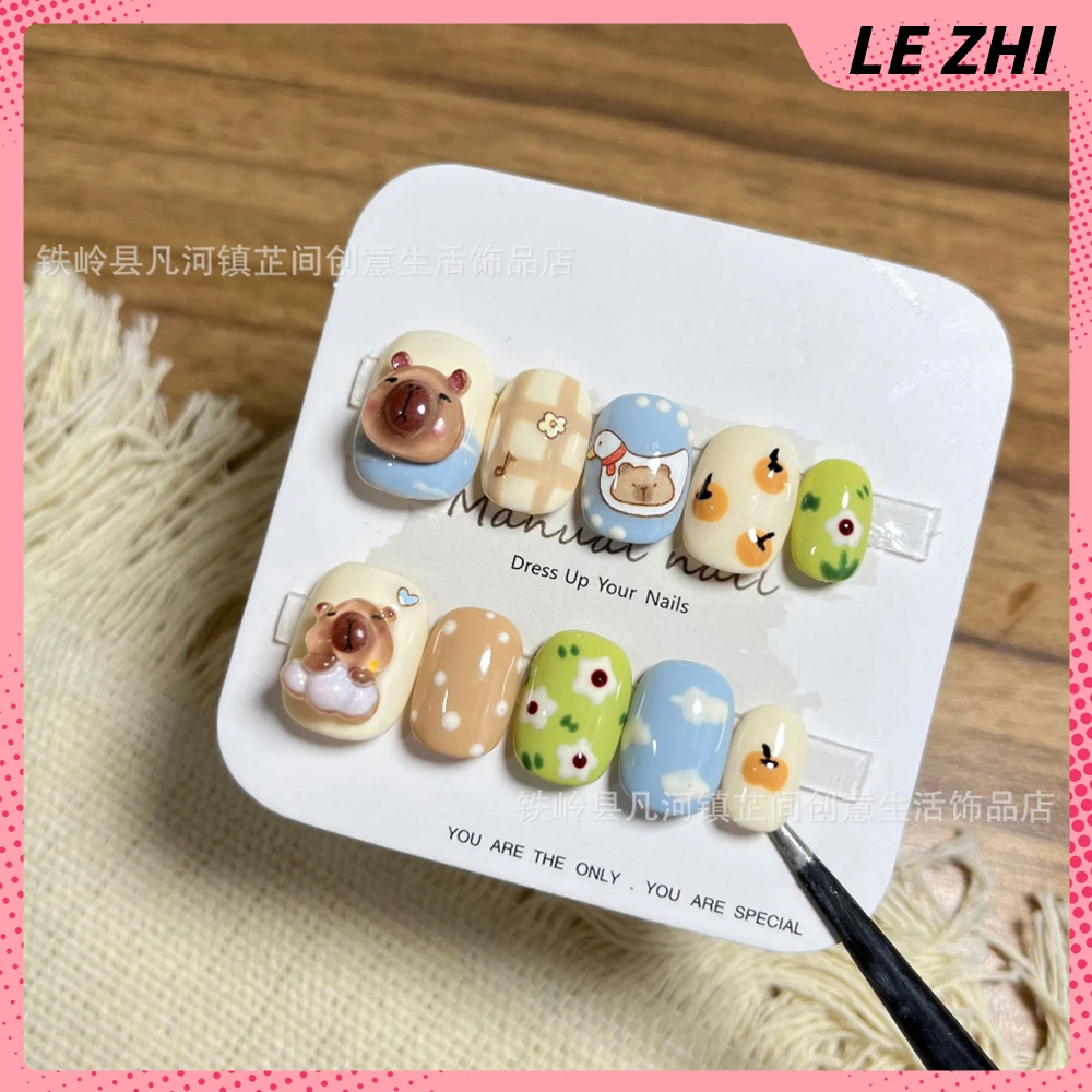 

Short Cute Kawaii Animals Press On Nails Art Bear Dog Kawaii Colourful Cartoon Anime Short Fake Nails