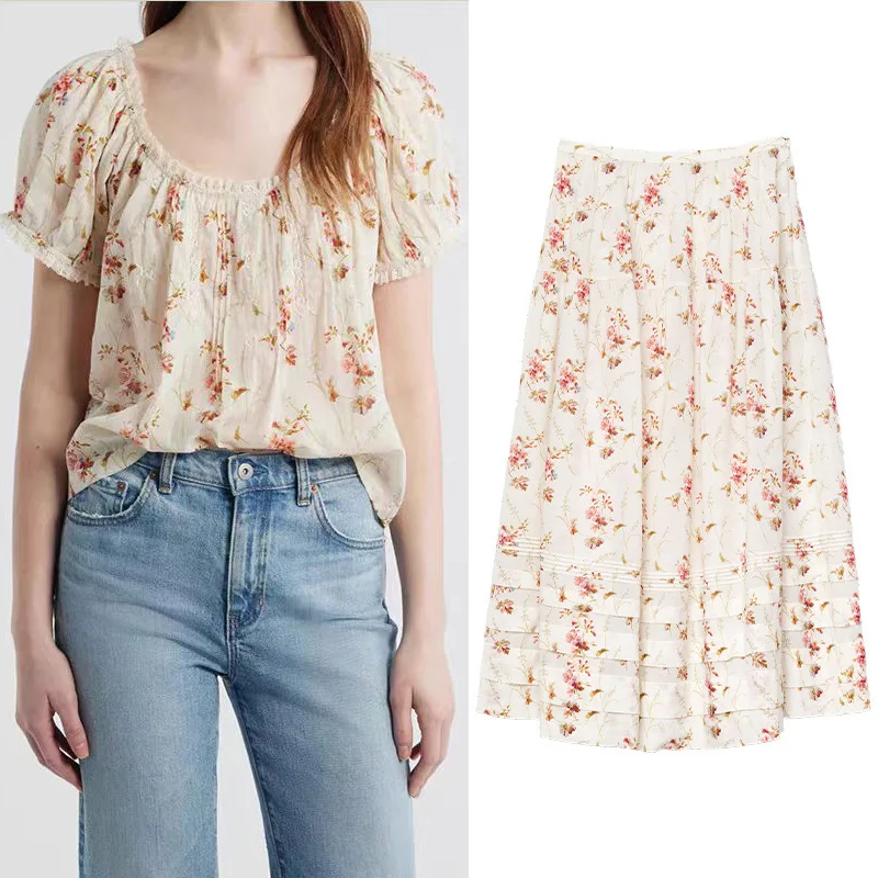 

Withered 2026 Summer Countryside Ladies' Style Small Floral Print Round Neck Top Long Skirt Set New Two Piece Set Women's Suit