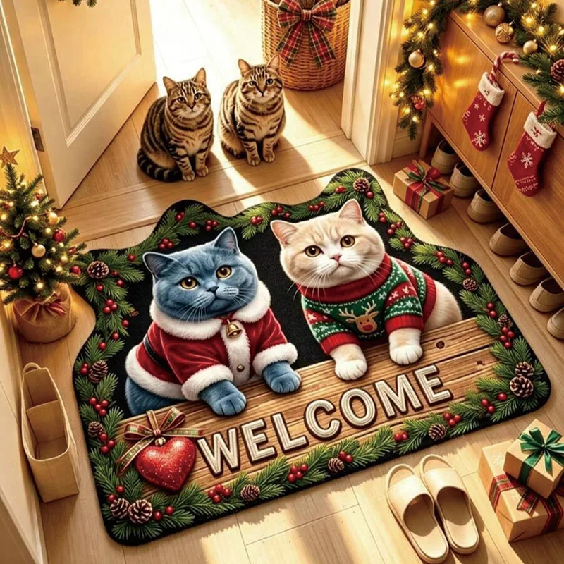 VIKAMA Blue Cat Santa Coat Cream Cat Reindeer Sweater WELCOME Door Mat, Non Slip Absorbent Plush Mat Front Door, Xmas Decor