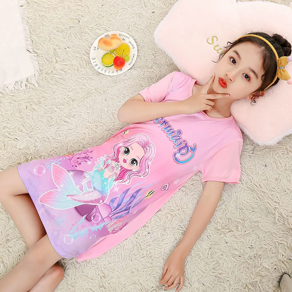 3-12Y Ice Silk Comfortable and Refreshing Children Nightgowns Girls Summer Mermaid Printed Thin Silky Short Sleeved Nightgown