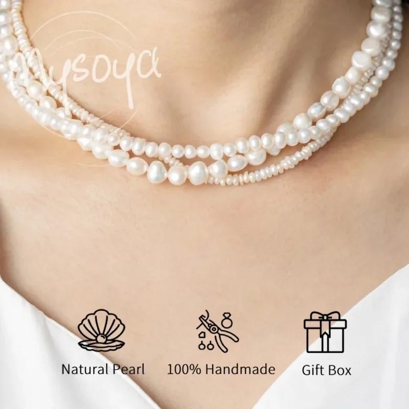 

MYSOYA White Baroque Freshwater Pearl Three-layer Necklace 3-4mm & 7-8mm For Her Birthday/Wedding/ New Year/Christmas
