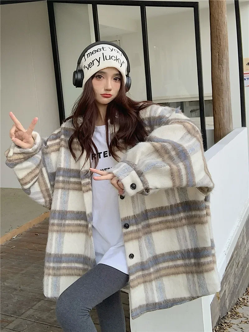 

Korean Style Harajuku Thick Woolen Plaid Shirt Jacket for Women Autumn Winter Y2k Casual Loose Mid Length Cardigan Coat Women