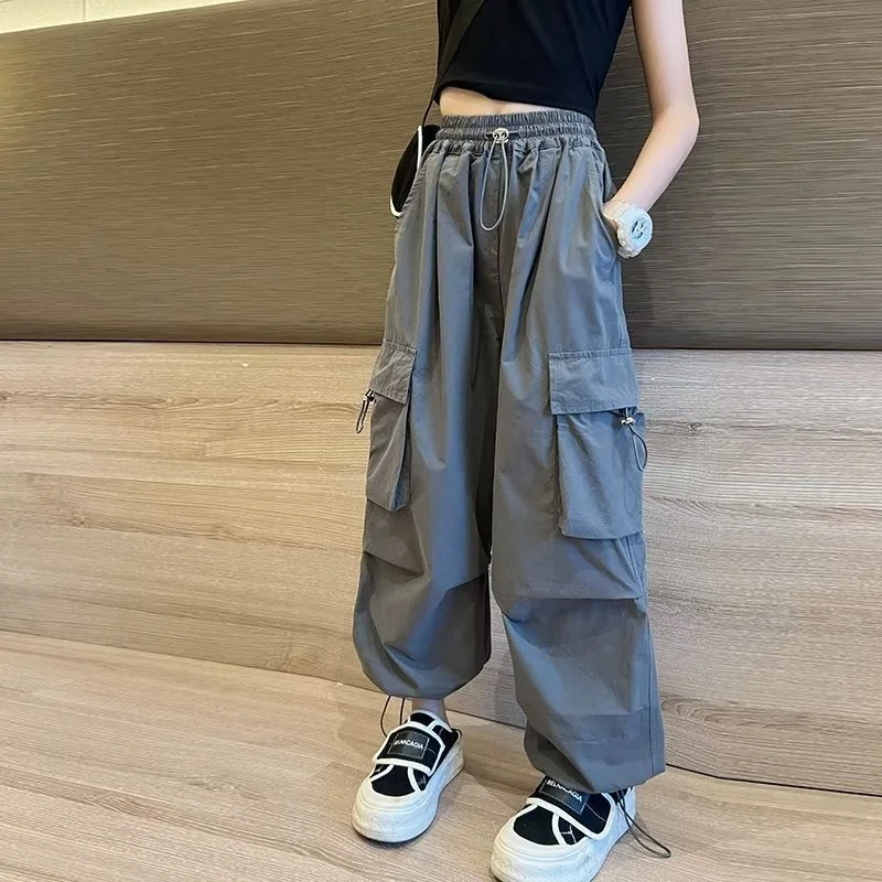 Kids Hip Hop Joggers Pants Girls Cargo Pants Teenage Straight Trousers High Waist Vintage Casual Streetwear Baggy Pants 5-14Y