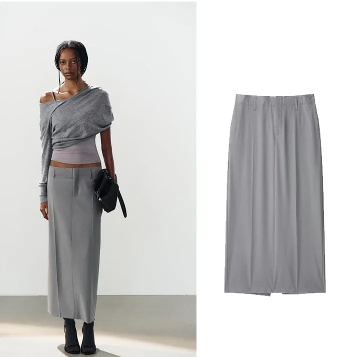 Early Autumn New Arrival Women's Fashion Midi Skirt Belted Slimming ZR Style Polyester Fiber Straight Cut mid Waist Skirt