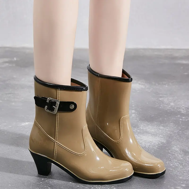 2024 New Women\'s Rain Ankle Boots Ladies Waterproof Woman Snow Boot Female Non-Slip High Heel Fashion Water Shoes Botas Mujer