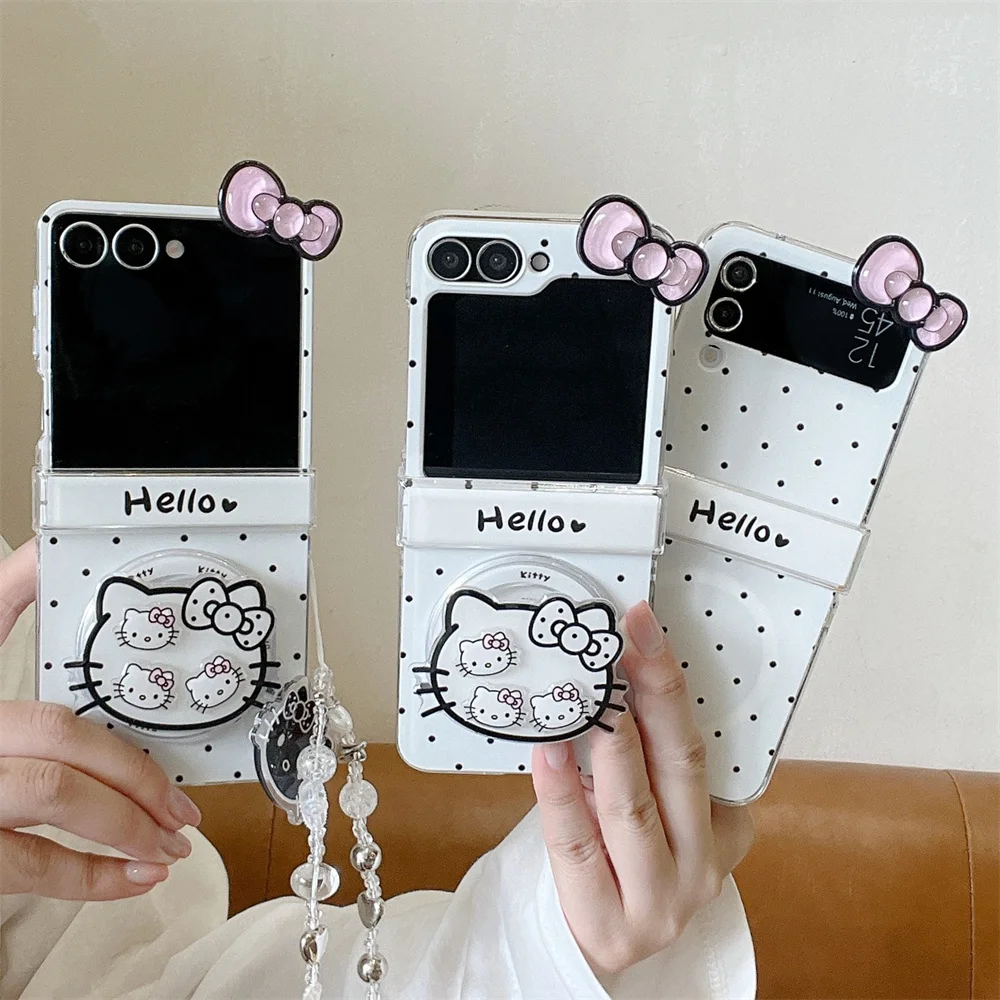 

Cute Bow Polka Dot Magnetic Phone Case for Samsung Galaxy Z Flip5 6 7 FE Flip6 5 4 3 Flip7 6 5 Cover With HelloKitty Stand Cases