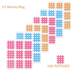 12 Sheets Cross Tape Strong Adhesive108 Patches Waterproof Elastic Muscle Kinesiology Tape Grid-Shaped Tapes for Pain Relief