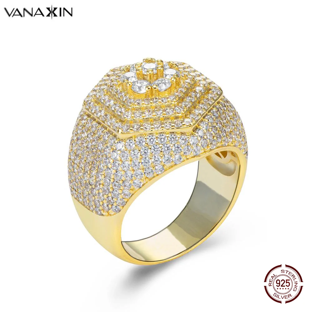 VANAXIN Men's Hexagon Ring  High Quality 14k Gold Color Copper Fully Iced Out  for Women Men CZ  Fashion Hip Hop  Jewelry