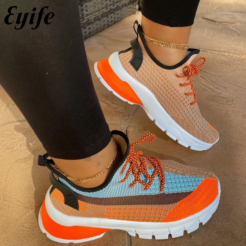 Woman Sneakers Trends 2024 Spring Mix Color Knitted Fabric Sport Shoes 35-43 Large-Sized Flats Female Shoes