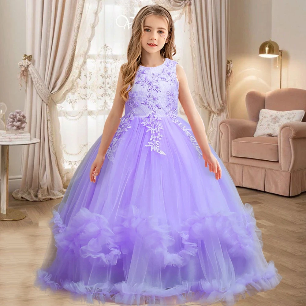 4-12 year old white girl long wedding dress evening dress sequin lace graduation ball performance dress 2023 girls\' clothing