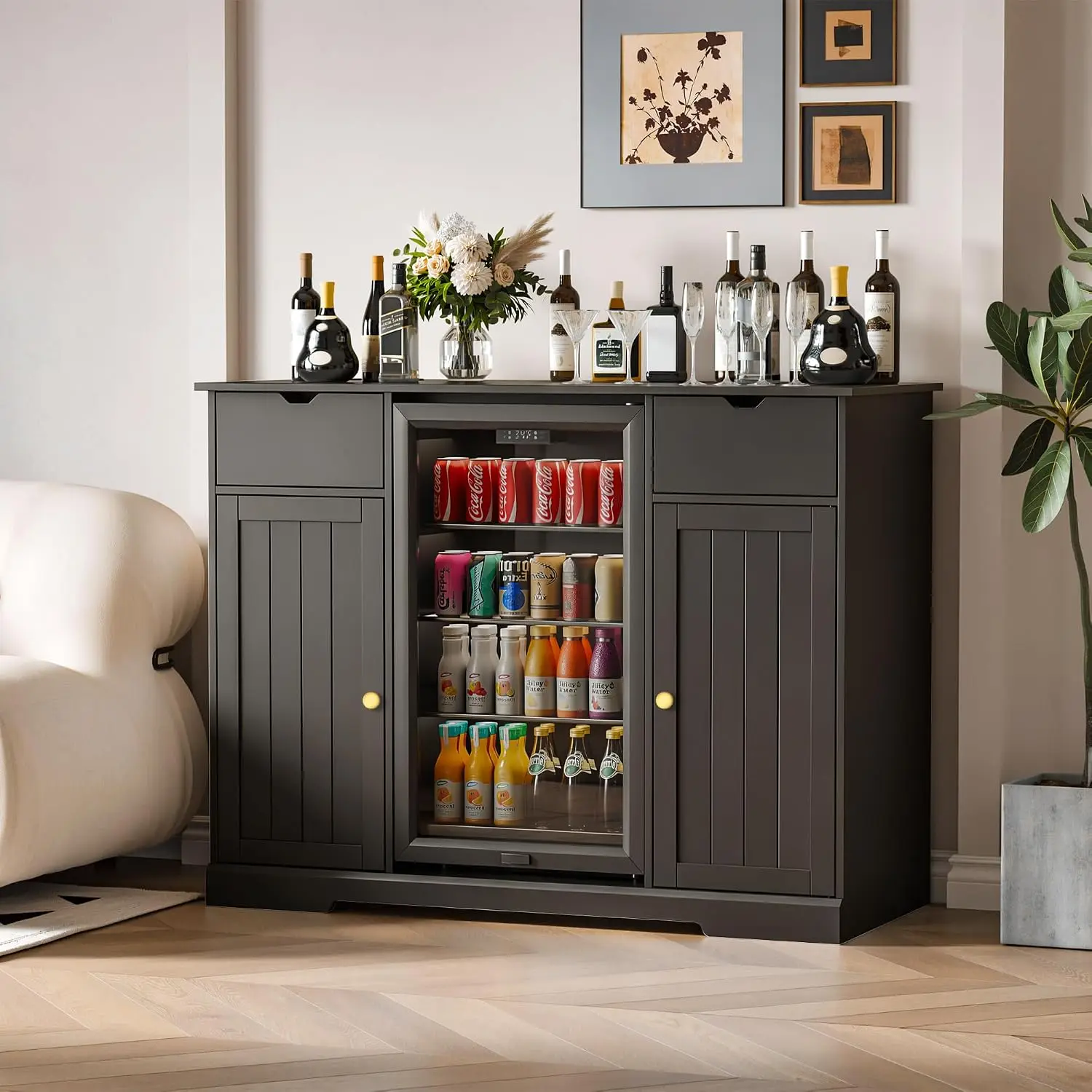 Black Bar Cabinet with Fridge Space & Outlet, 51