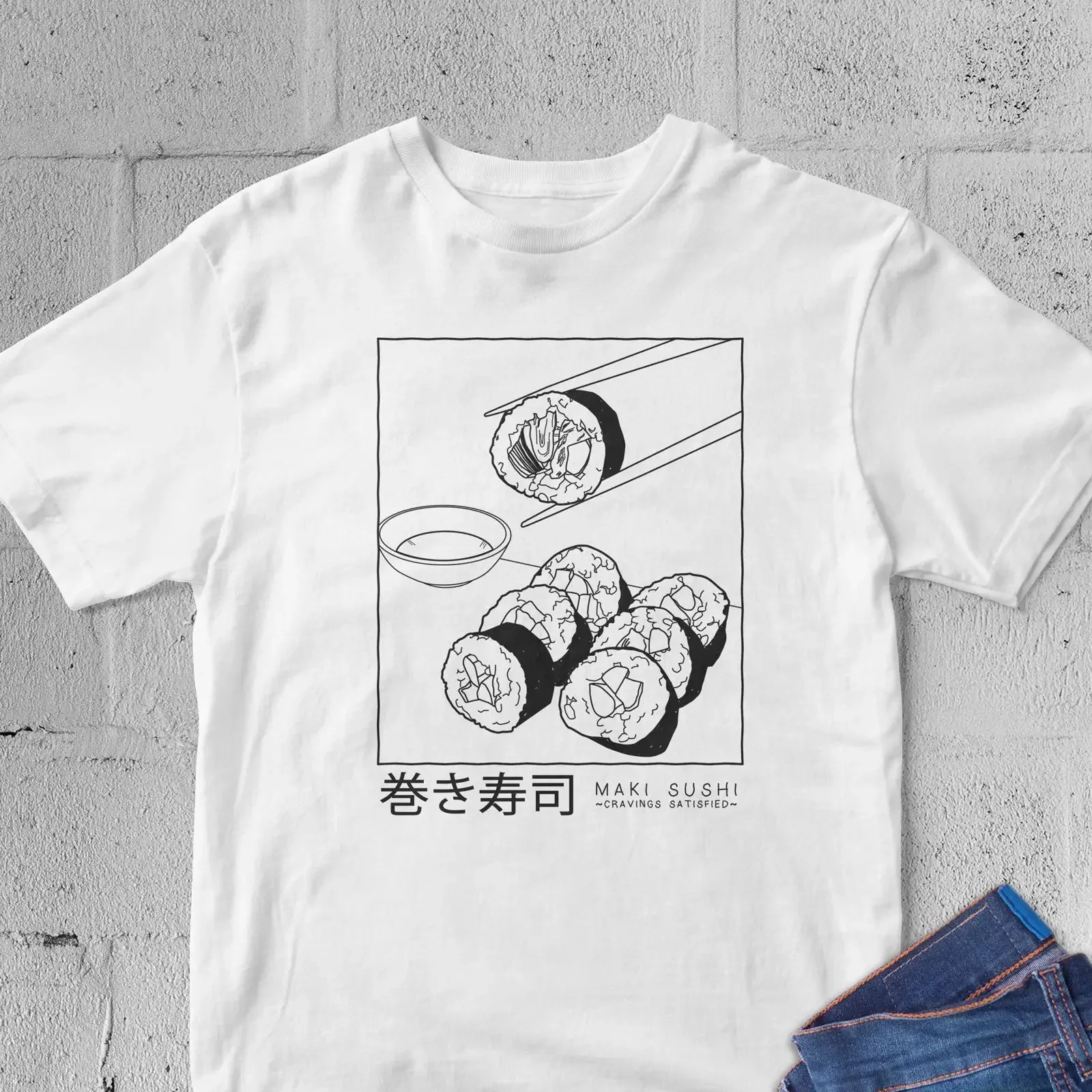 Sushi Cravings Satisfied T Shirt Maki Japanese Food Asian Streetwear Kawaii Clothing vintage Washed Stylish Unisex Casual