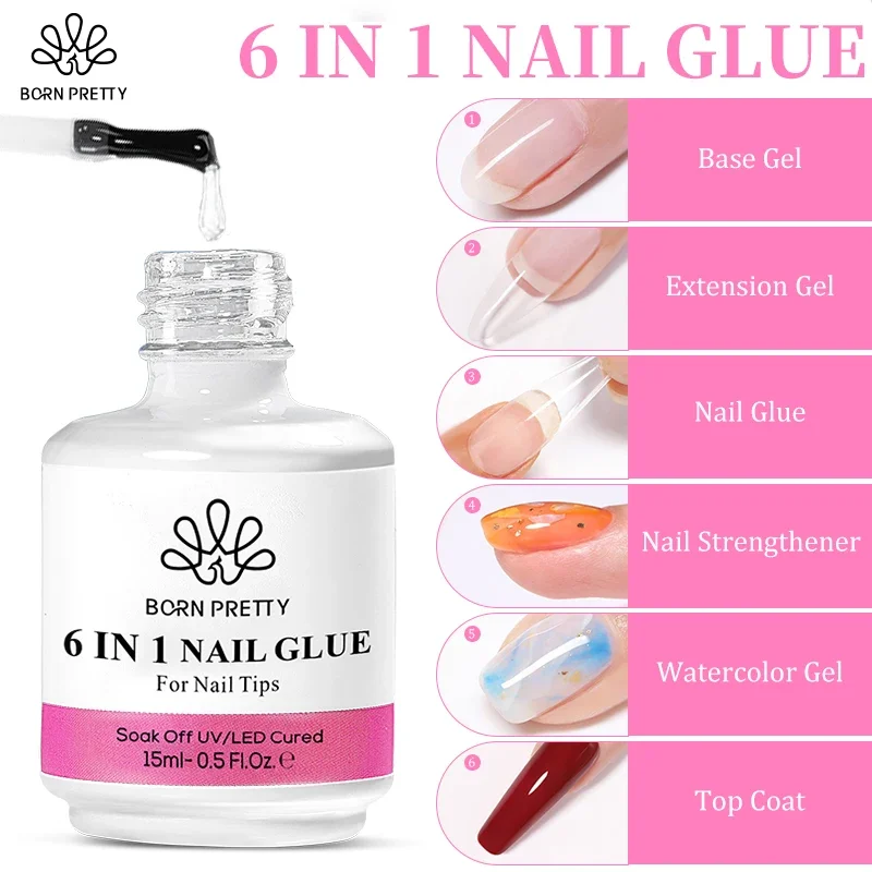 BORN PRETTY 15/10ML 6 IN 1 Nail Glue Gel for Acrylic Nails Soak off Base Gel Top Coat UV Extension Nail False Nail Tips Gel