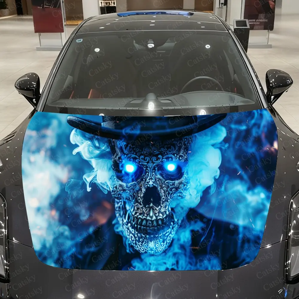 

Blue Flame Skull Gentleman Car Vinyl Wrap, PVC Material Waterproof Car Hood Sticker, Self-Adhesive Scratch-Resistant Stickers fo