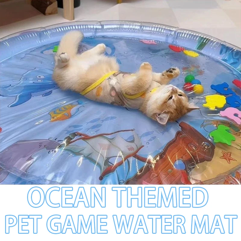 Interactive Cat Water Play Mat Inflatable Splash Pad Ocean Fish Theme Sensory PVC Crawling ของเล่นสําหรับแมวทนทานสัตว์เลี้ยงกิจกรรม Pad