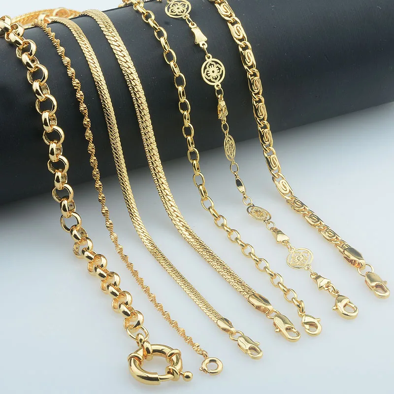 Women Men Yellow Gold Color Engraving Curb Necklace Rolo Wheat Chains Classic Jewelry