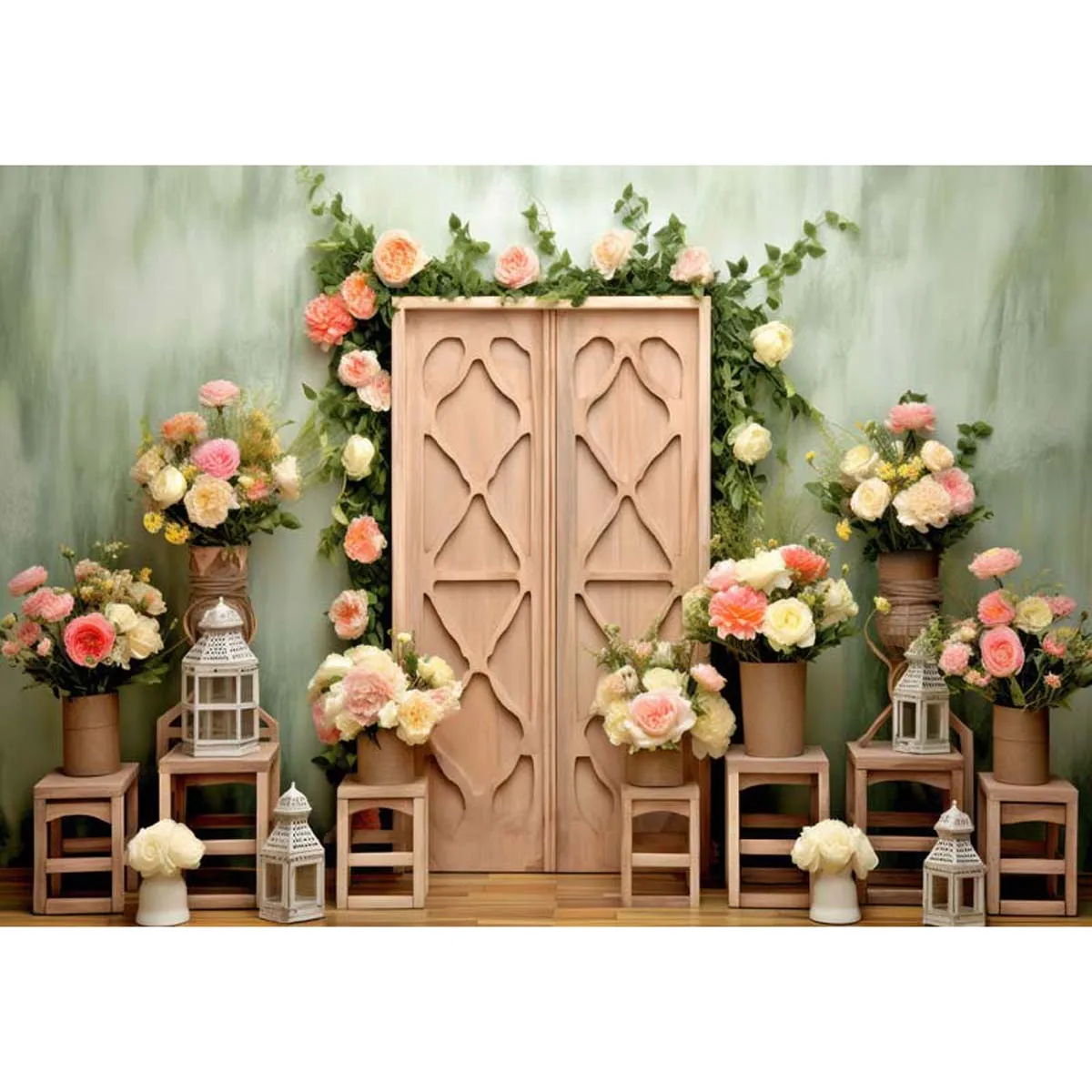 

Allenjoy Spring Flower Wooden Door Photography Backdrop