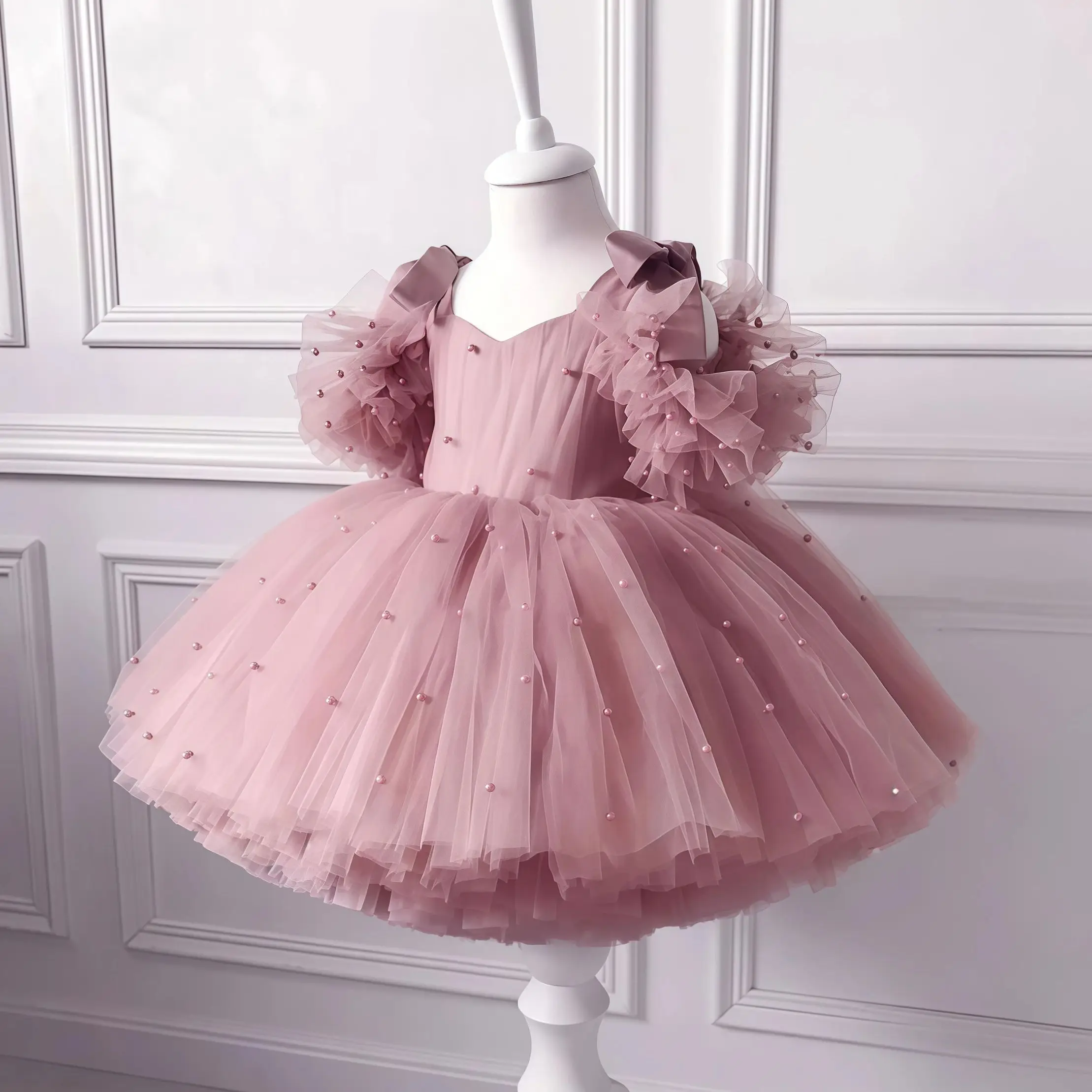Flower Girls Elegant Cute Bow Pearls Tulle Princess Dress For Toddler Kids Formal Birthday Party Wedding Prom Pageant Puffy Gown