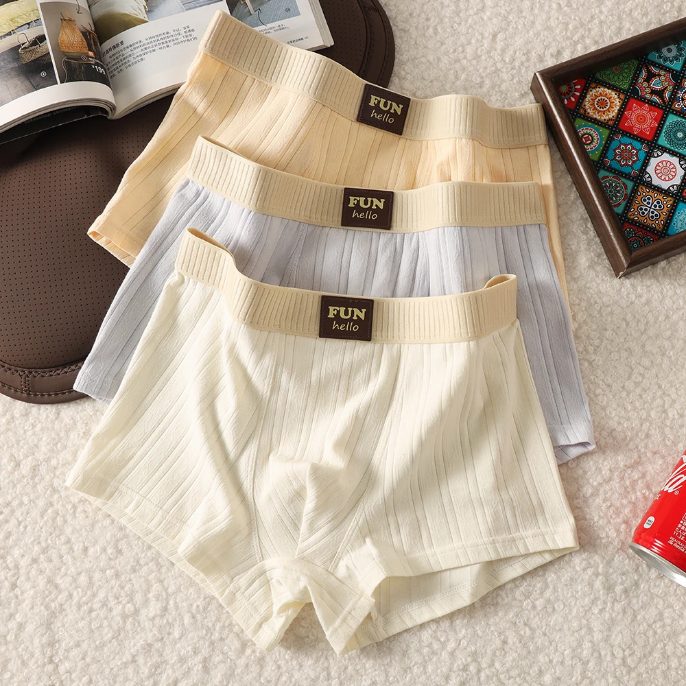 

3 шт./упак., хлопковые мягкие однотонные вязаные полосатые мужские трусы, гигроскопические дышащие сетчатые боксеры с высокой эластичной резинкой на талии, трусы
