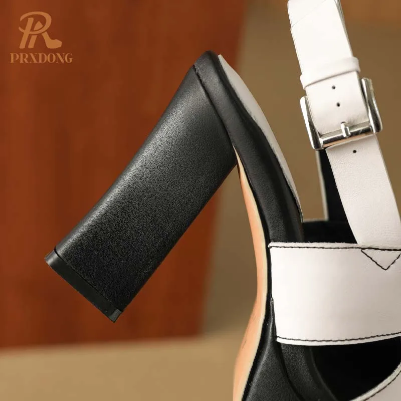 PRXDONG Genuine Leather Summer Shoes Woman Sandals Chunky HIgh Heels Platform Black White Dress Party Female Pumps Size 34-40