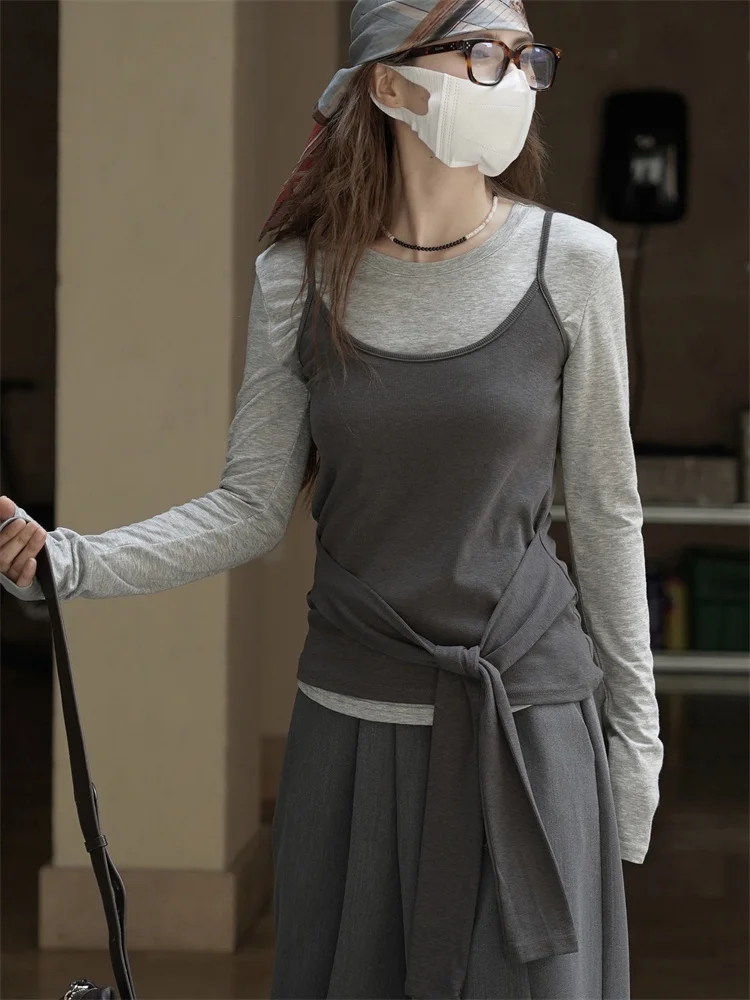 HanOrange 2026 Autumn Winter Lazy Base T-Shirt Women + Camisole Two-piece Set Slim Top Dark Gray/Snow Gray