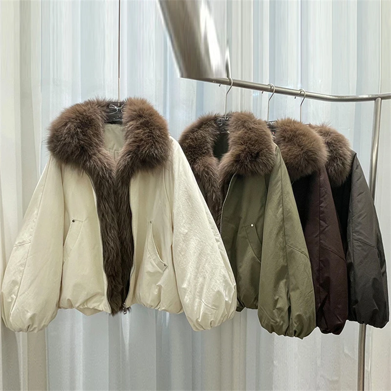 2026 Winter Women Fox Fur Collar Short Down Jacket Loose Fit Thick Warm White Duck Down Parka Luxury Fashion Casual Outerwear
