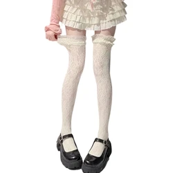 Women Hollowed Out Flower Lace Fishnet Thigh High Stockings Japanese Style JK Girl Sweet Ruffle Trim Frilly Over Knee Long Socks