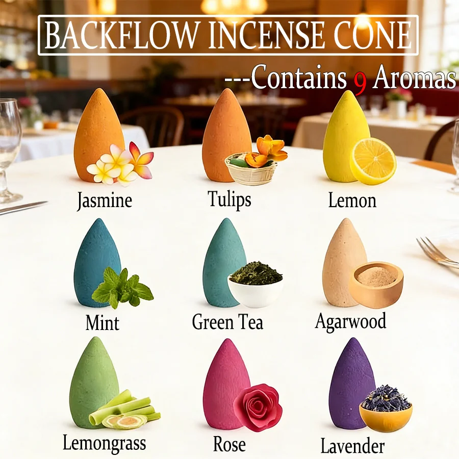 High-Quality Natural Backflow Incense Cones, a Mixed Set of 9 Fragrances Including Jasmine, Lemon, Lavender, Lemongrass, Tulip, Mint, Green Tea, Agarwood, Rose, Etc., with Rich Aroma, Long-Lasting Burning, and an Aesthetic Smoke Effect, Suitable for Purifying the Air, Meditation, Yoga, Reading, Etc.