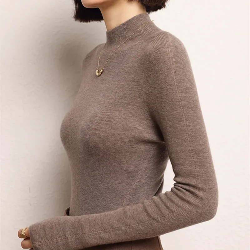 Autumn 100% Cashmere Knit Soft Fine Yarn Half Turtleneck Pullover Sweater Fashion Comfortable Subcoating Knitwear Women Shirt