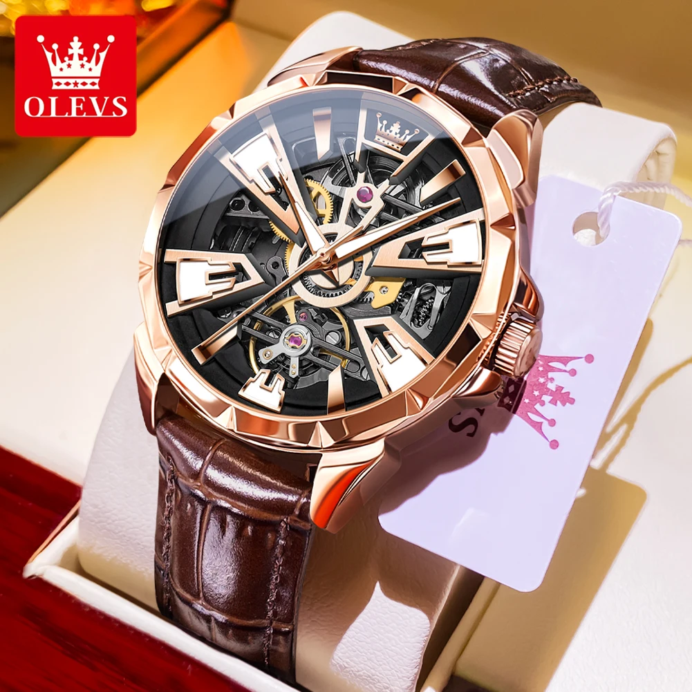 Olevs 7051 relógio masculino casual à prova dwaterproof água luminosa pulseira de couro luxo original oco relógio mecânico totalmente automático