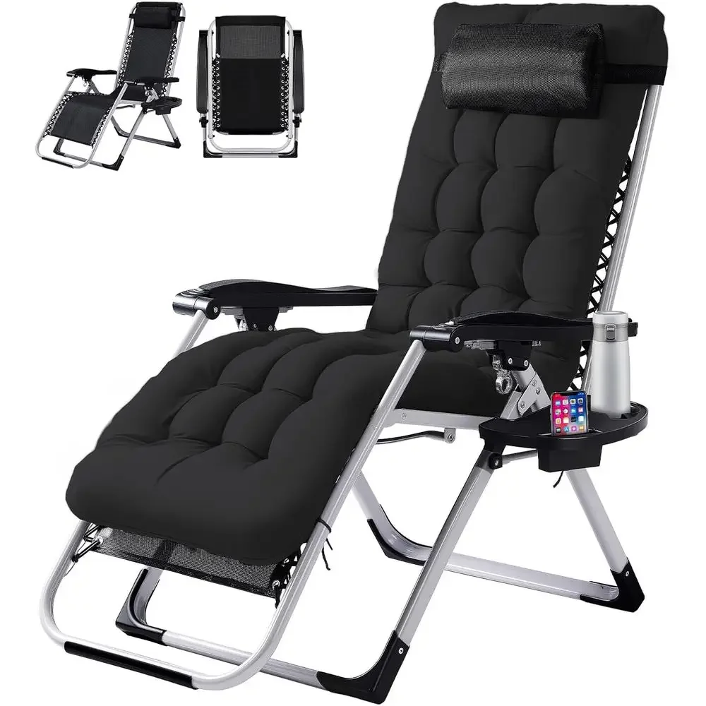 Zero Gravity Lounge Chair with Cushion and Tray, Reclining Outdoor Patio Furniture - Black