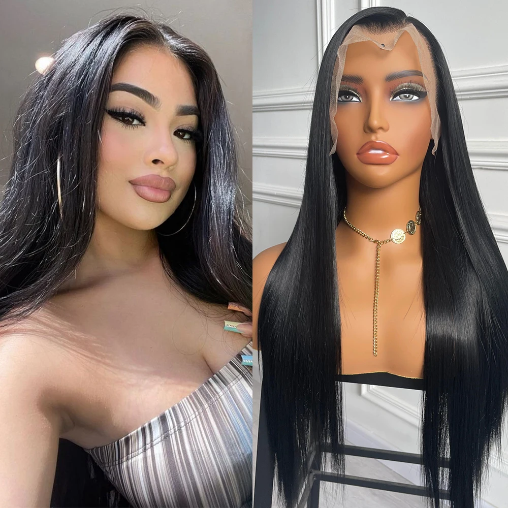 

13X4 Black Straight Lace Wig Synthetic Hair Long Silky Straight Frontal Lace Wigs For Women Balck Wig Cosplay Daily Life Party