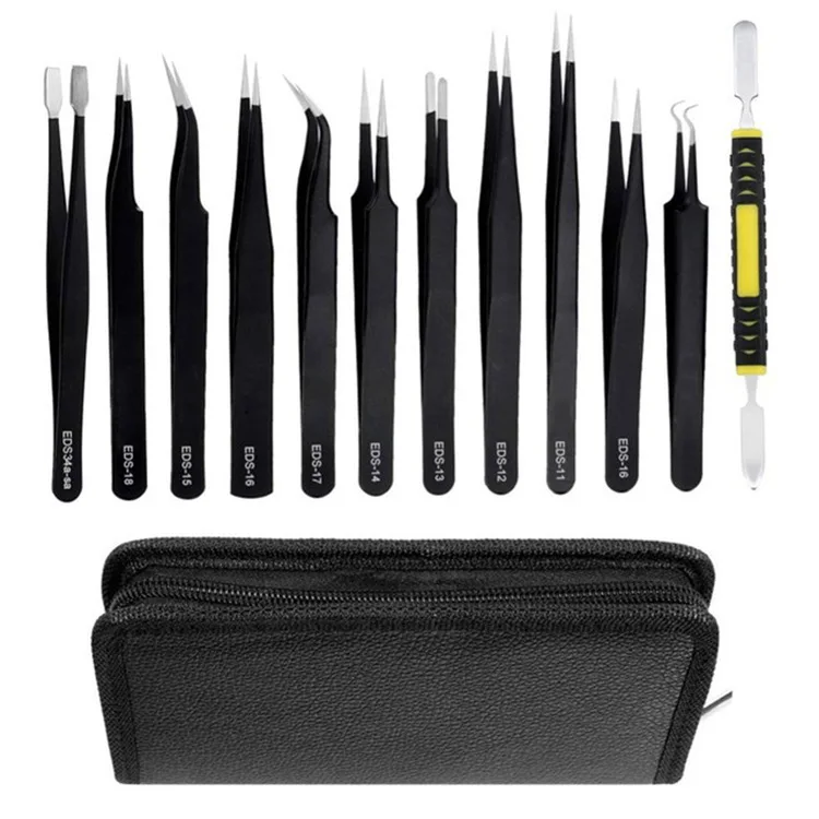 12Pcs/Set Precision Tweezers ESD Anti-static Stainless Steel Elbow Straight With Bag Repair Maintenance Tool Industrial Tweezers