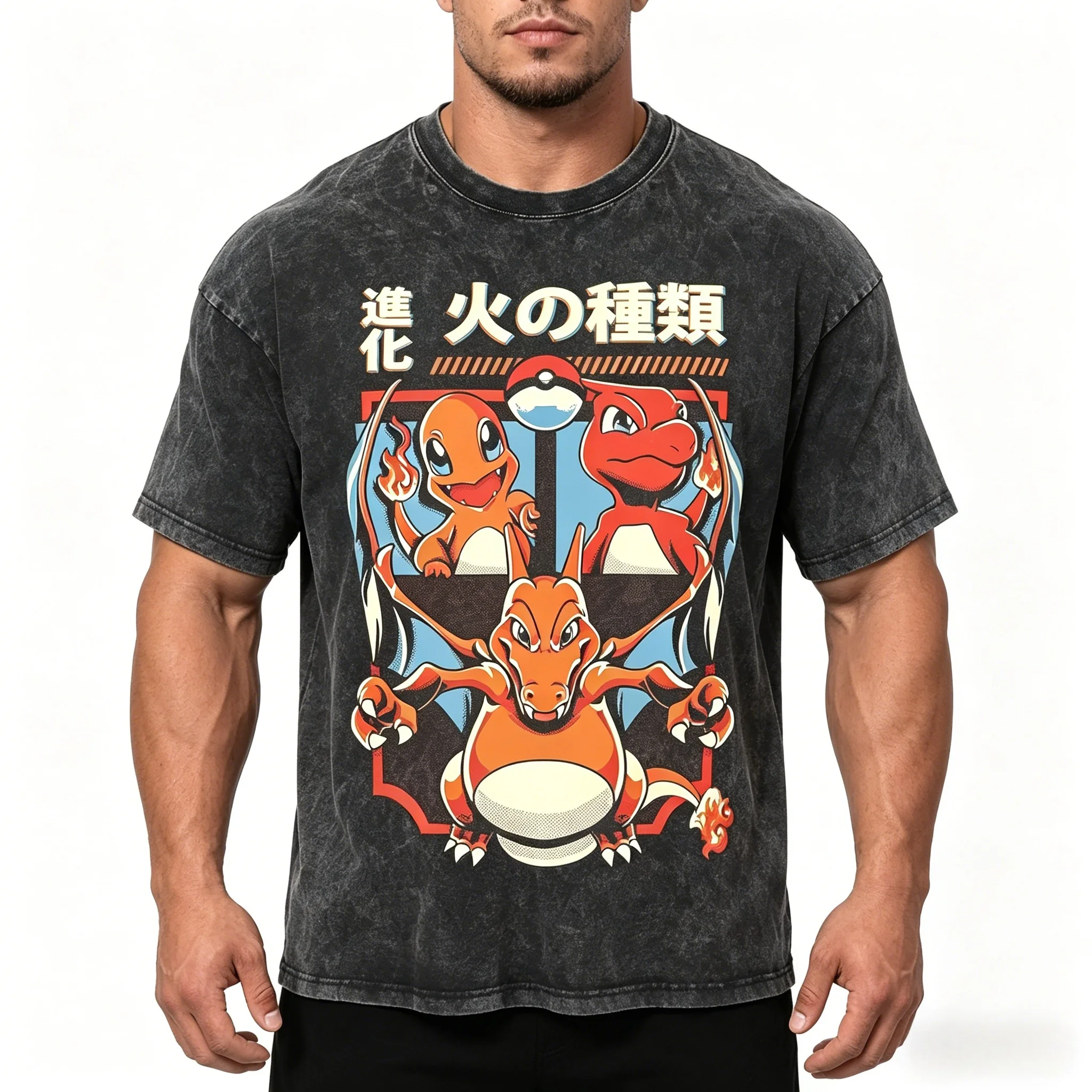 Camiseta Unisex de Cuello Redondo, 100% Algodón, Estilo Vintage, Lavada, con Estampado de Charmander Evolucionando al Tipo Fuego, Talla Grande, Estilo Urbano