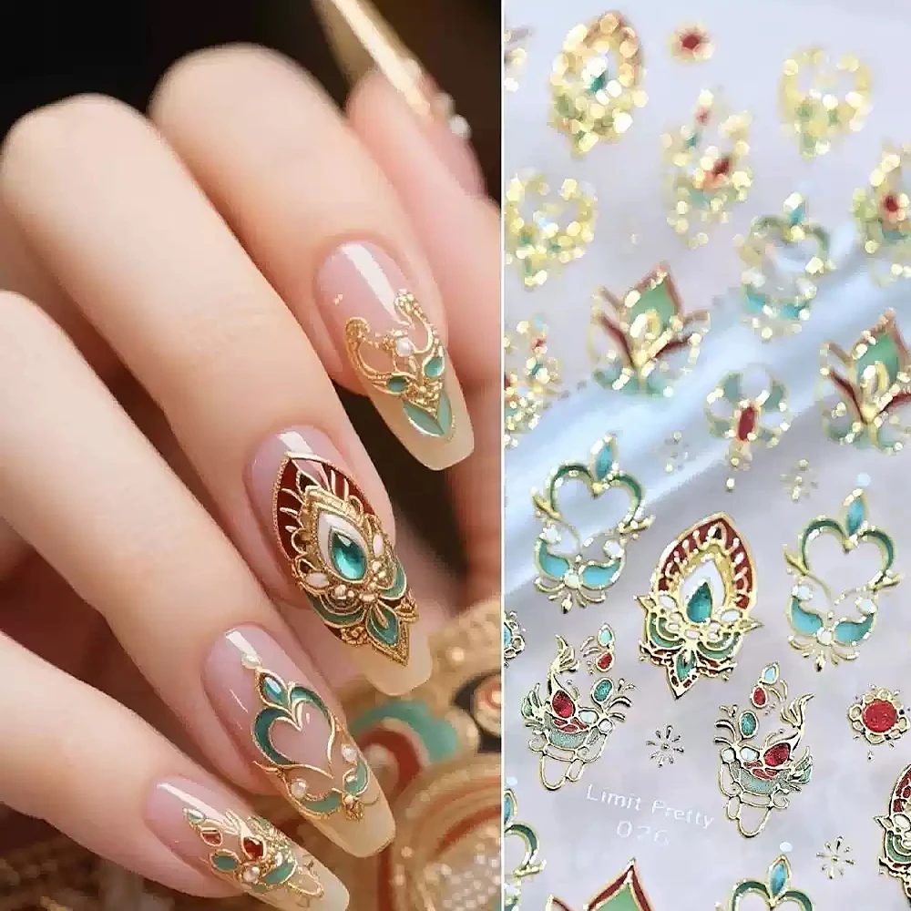 Pegatinas para decoración de uñas Dunhuang con estampado en caliente 5D, diseño de tótem de flor francesa elegante, calcomanías para uñas DIY, deslizadores de decoración de uñas de estilo chino