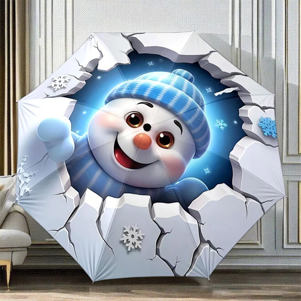 "Adorable Snowman with Blue Hat Peeking Through Cracked Ice Design" ,Portable Folding Umbrella, Gift for Family Friends