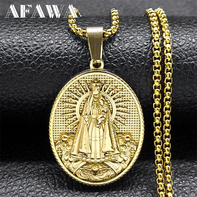 

Brazil Nossa Senhora Our Lady of Aparecida Medal Necklace for Men Women Stainless Steel Gold Color Chain Jewelry colar NZZ466S02