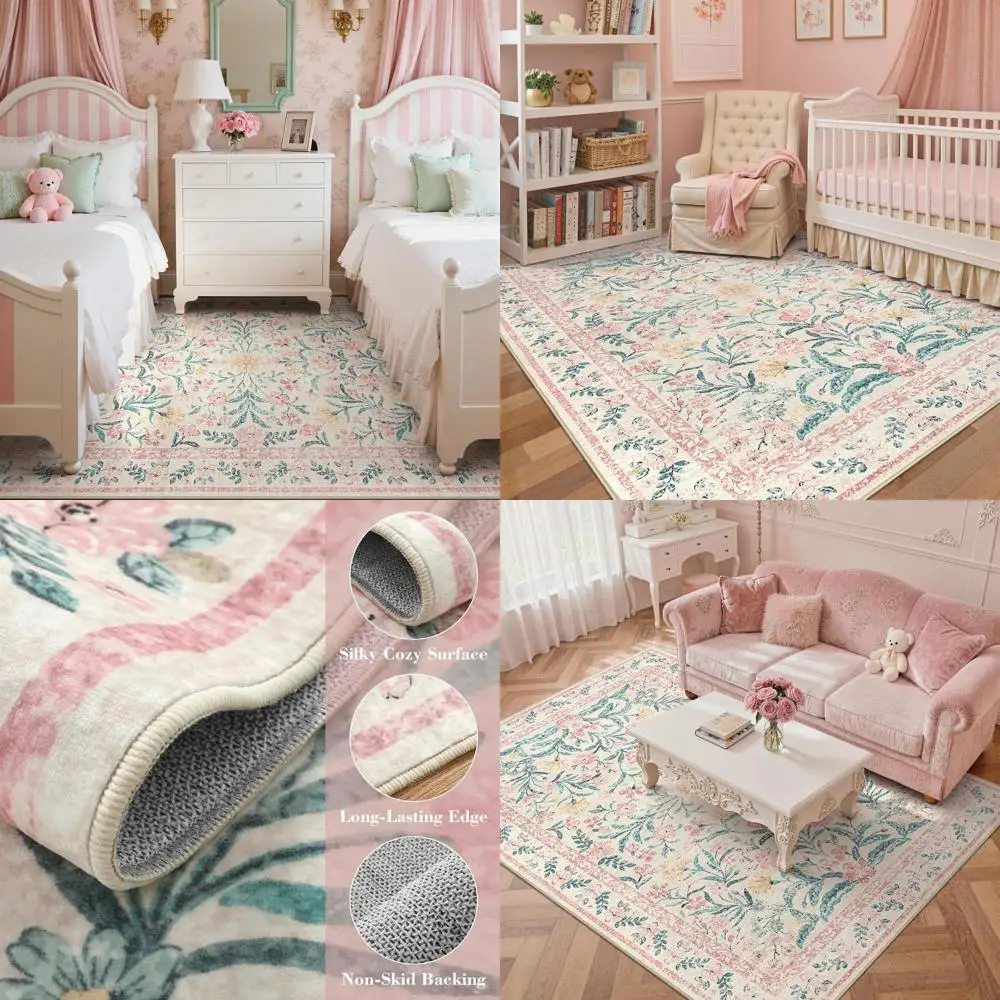 

5x7 Boho Floral Washable Rugs for Girls' Bedroom, Non-Slip Thin Carpet for Nursery, Kids, Dorm Living Rooms
