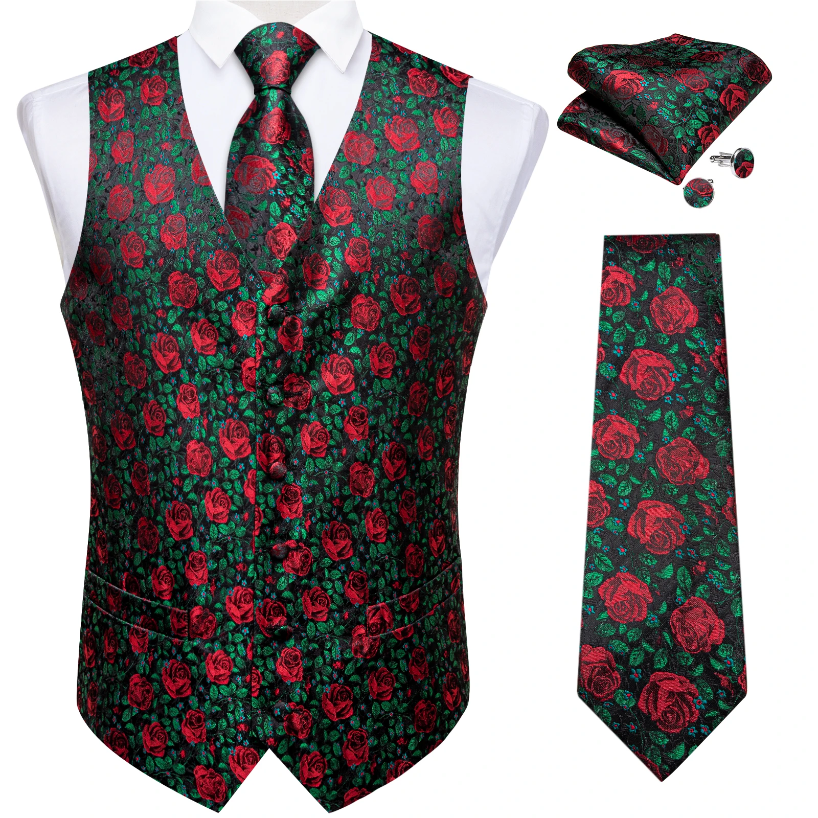Blumen weste und Krawatten set für Herren, vor gebundene Fliege, Kleid mit quadratischen Manschetten knöpfen, klassische Business-Weste für Männer, 5-tlg – Detail 8