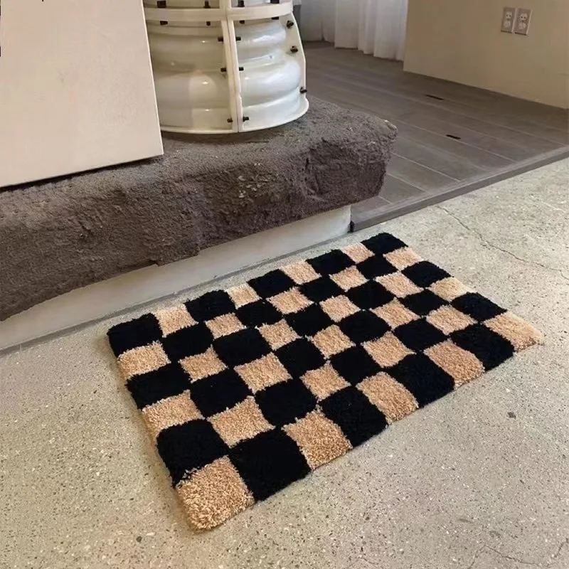 

Retro Checkerboard Thickened Tufting Carpet Luxurious Super Soft Plush Entry Doormat Bathroom Anti Slip Rug Bedside Floor Mat