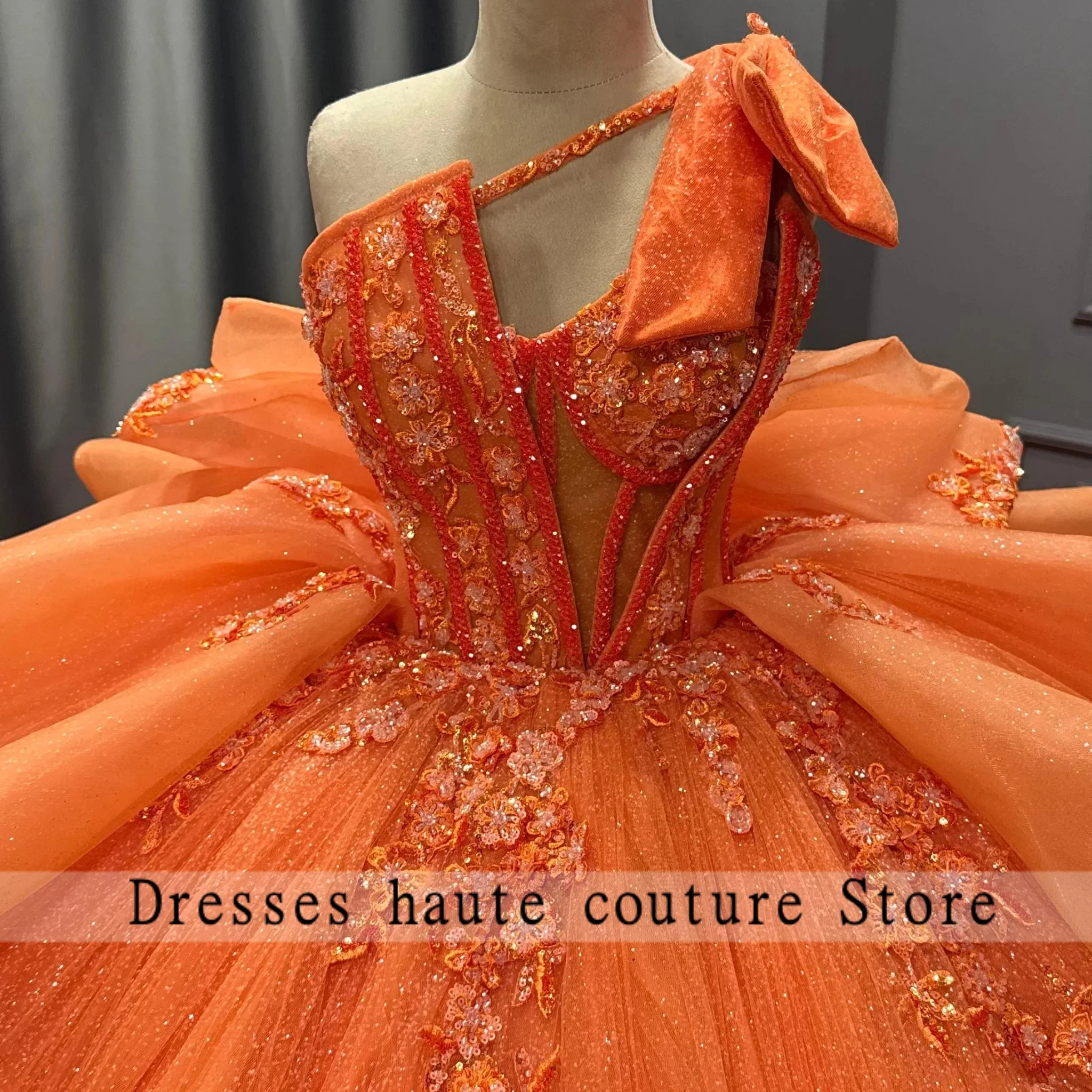 Orange One Shoulder Layered Tulle Ball Gown Quinceanera Dresses Vestidos De Fiesta Vestidos De 15 Quinceaneras Customized image 3