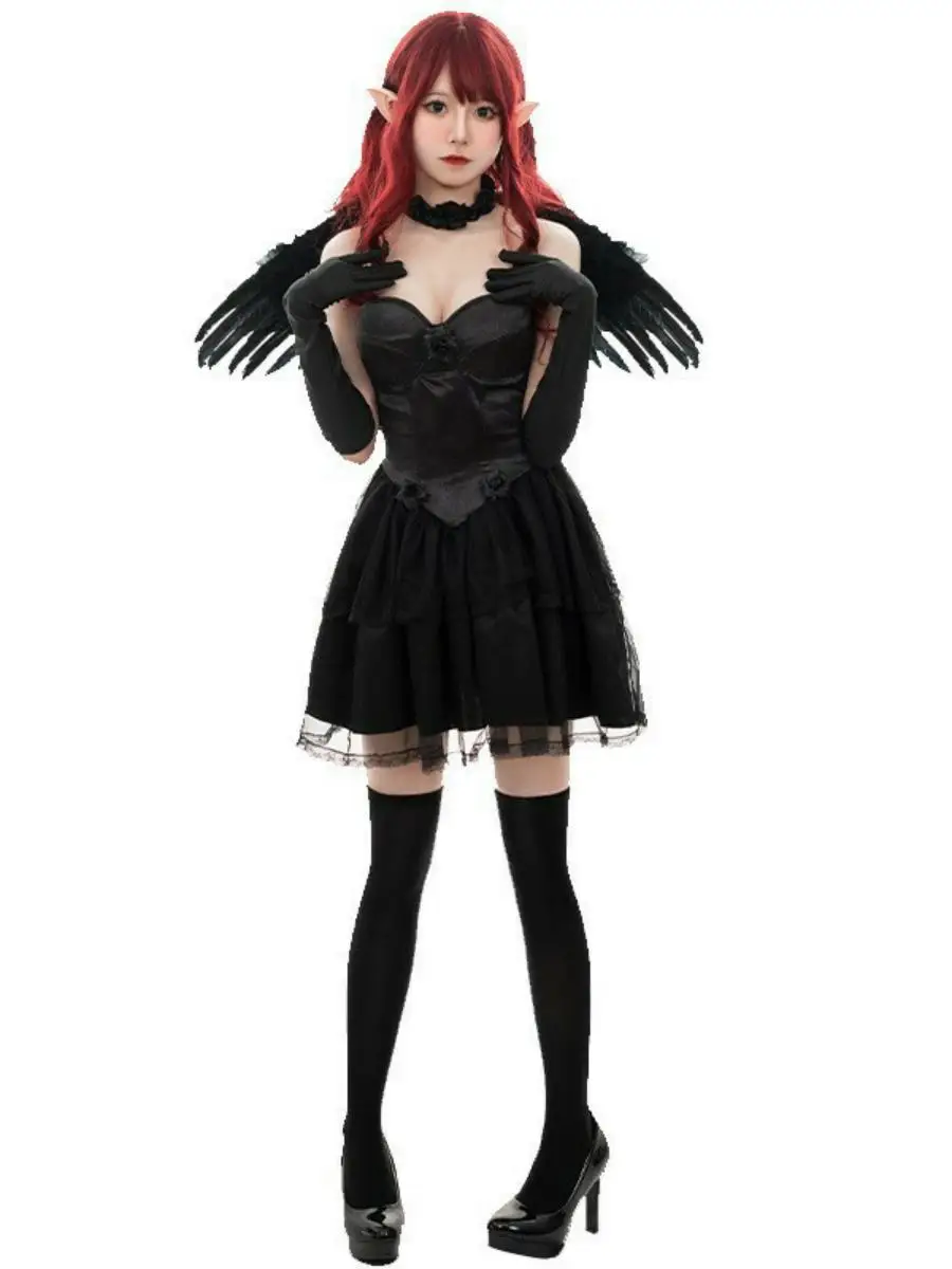 Halloween-kostuum voor volwassenen, zwarte en witte engel, duivel met vleugels, dansvoorstelling, kleding, polyester materiaal